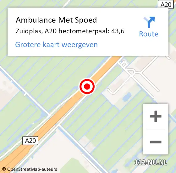 Locatie op kaart van de 112 melding: Ambulance Met Spoed Naar Zuidplas, A20 hectometerpaal: 43,6 op 15 december 2022 16:10