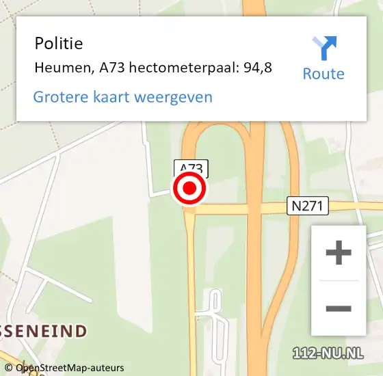Locatie op kaart van de 112 melding: Politie Heumen, A73 hectometerpaal: 94,8 op 15 december 2022 17:10