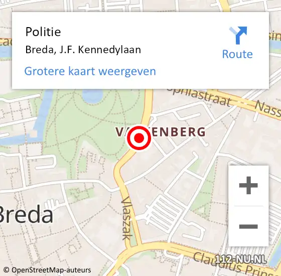 Locatie op kaart van de 112 melding: Politie Breda, J.F. Kennedylaan op 15 december 2022 17:42