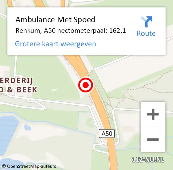 Locatie op kaart van de 112 melding: Ambulance Met Spoed Naar Renkum, A50 hectometerpaal: 162,1 op 15 december 2022 18:31