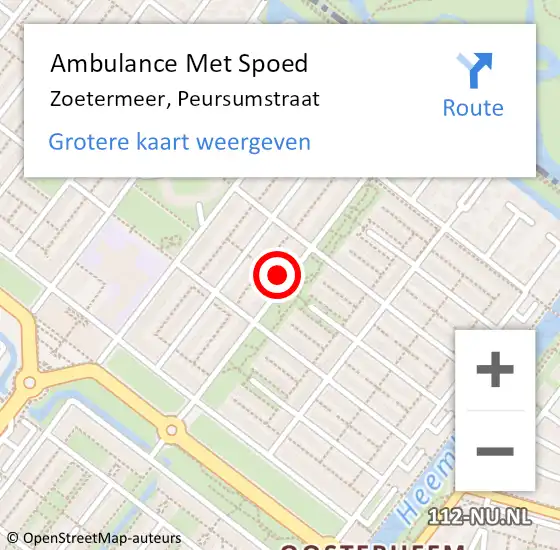 Locatie op kaart van de 112 melding: Ambulance Met Spoed Naar Zoetermeer, Peursumstraat op 15 december 2022 18:48