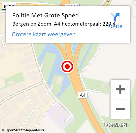 Locatie op kaart van de 112 melding: Politie Met Grote Spoed Naar Bergen op Zoom, A4 hectometerpaal: 229,4 op 15 december 2022 21:57