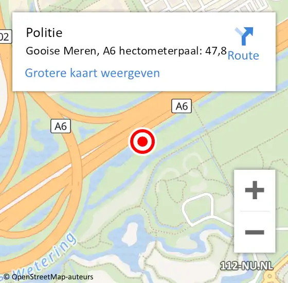 Locatie op kaart van de 112 melding: Politie Gooise Meren, A6 hectometerpaal: 47,8 op 15 december 2022 22:44