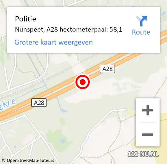 Locatie op kaart van de 112 melding: Politie Nunspeet, A28 hectometerpaal: 58,1 op 15 december 2022 22:52