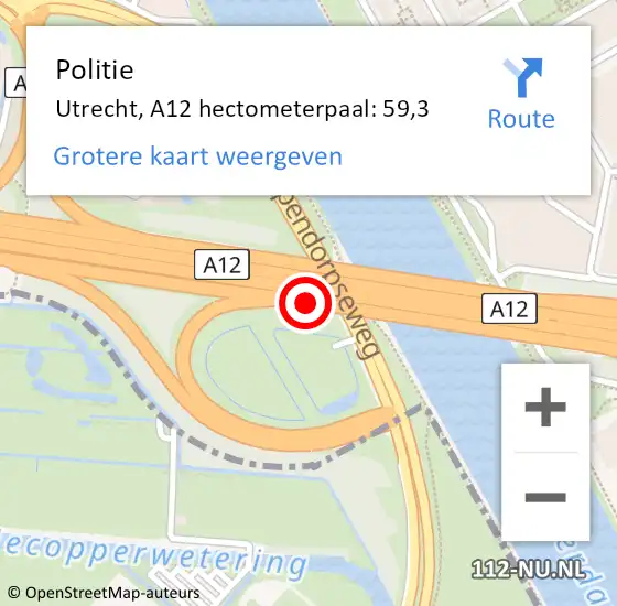 Locatie op kaart van de 112 melding: Politie Utrecht, A12 hectometerpaal: 59,3 op 15 december 2022 23:36