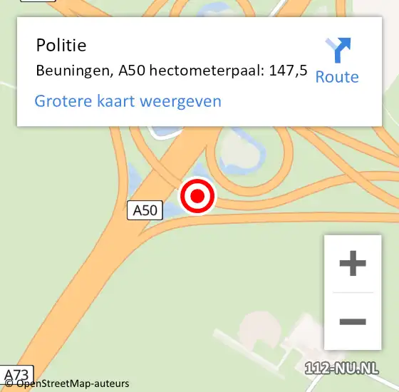 Locatie op kaart van de 112 melding: Politie Beuningen, A50 hectometerpaal: 147,5 op 16 december 2022 01:42