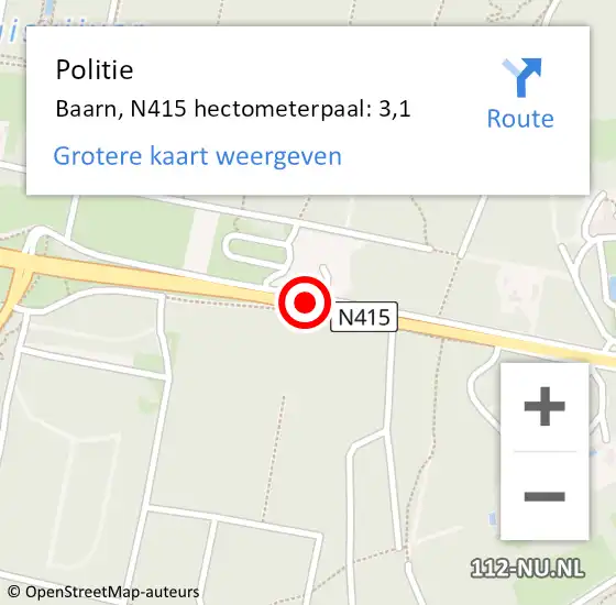 Locatie op kaart van de 112 melding: Politie Baarn, N415 hectometerpaal: 3,1 op 16 december 2022 02:25