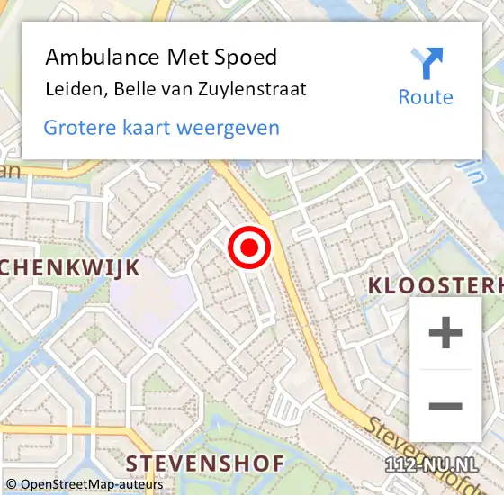 Locatie op kaart van de 112 melding: Ambulance Met Spoed Naar Leiden, Belle van Zuylenstraat op 16 december 2022 07:10