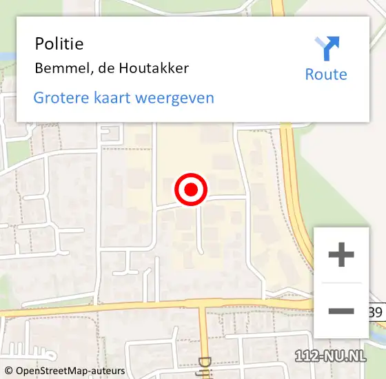 Locatie op kaart van de 112 melding: Politie Bemmel, de Houtakker op 16 december 2022 08:33