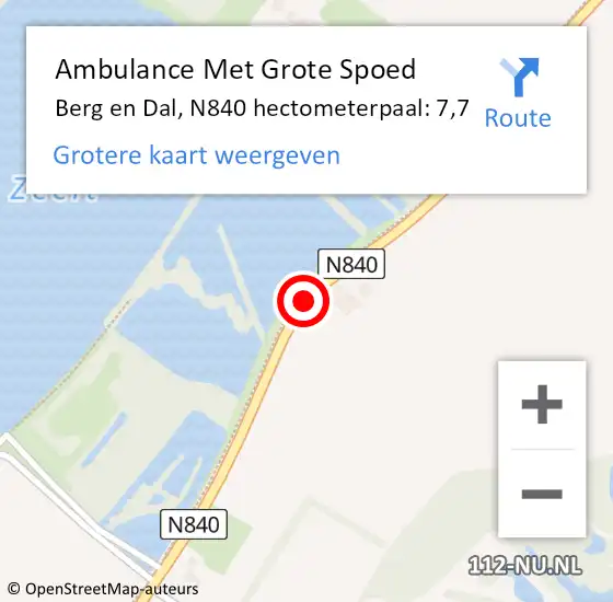 Locatie op kaart van de 112 melding: Ambulance Met Grote Spoed Naar Berg en Dal, N840 hectometerpaal: 7,7 op 16 december 2022 09:42