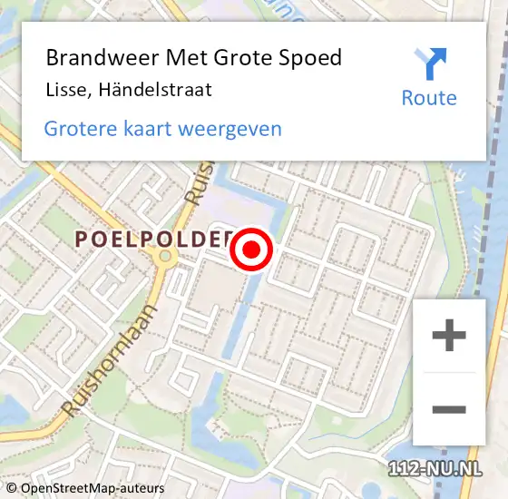 Locatie op kaart van de 112 melding: Brandweer Met Grote Spoed Naar Lisse, Händelstraat op 16 december 2022 09:50