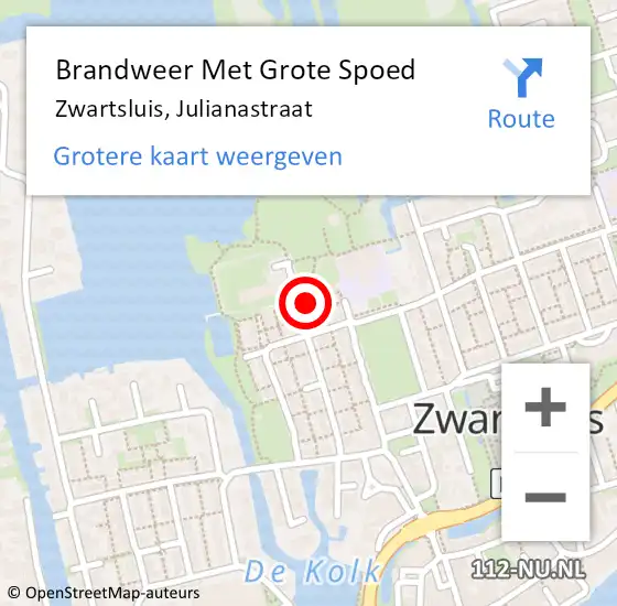 Locatie op kaart van de 112 melding: Brandweer Met Grote Spoed Naar Zwartsluis, Julianastraat op 16 december 2022 10:12