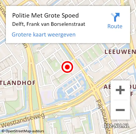 Locatie op kaart van de 112 melding: Politie Met Grote Spoed Naar Delft, Frank van Borselenstraat op 16 december 2022 10:14