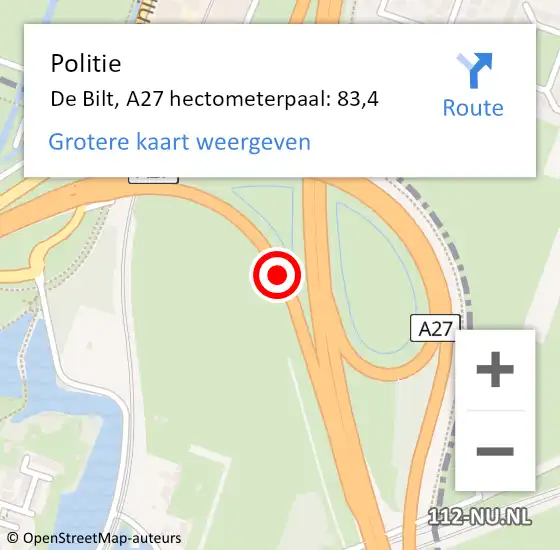 Locatie op kaart van de 112 melding: Politie De Bilt, A27 hectometerpaal: 83,4 op 16 december 2022 11:18