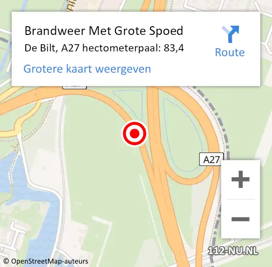 Locatie op kaart van de 112 melding: Brandweer Met Grote Spoed Naar De Bilt, A27 hectometerpaal: 83,4 op 16 december 2022 11:18