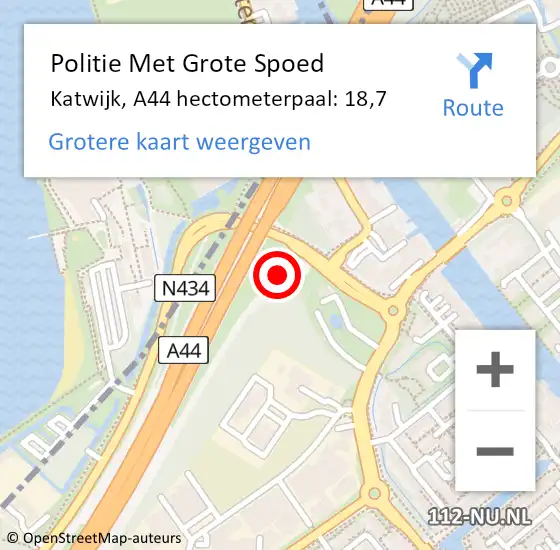 Locatie op kaart van de 112 melding: Politie Met Grote Spoed Naar Katwijk, A44 hectometerpaal: 18,7 op 16 december 2022 15:21