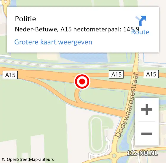 Locatie op kaart van de 112 melding: Politie Neder-Betuwe, A15 hectometerpaal: 145,9 op 16 december 2022 15:24