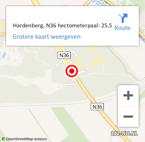 Locatie op kaart van de 112 melding:  Hardenberg, N36 hectometerpaal: 25,5 op 16 december 2022 16:47