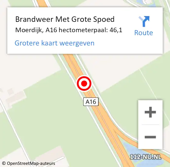 Locatie op kaart van de 112 melding: Brandweer Met Grote Spoed Naar Moerdijk, A16 hectometerpaal: 46,1 op 16 december 2022 17:07