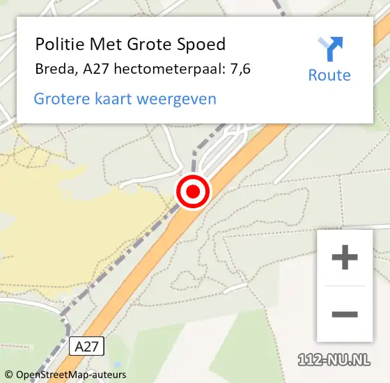 Locatie op kaart van de 112 melding: Politie Met Grote Spoed Naar Breda, A27 hectometerpaal: 7,6 op 16 december 2022 17:19