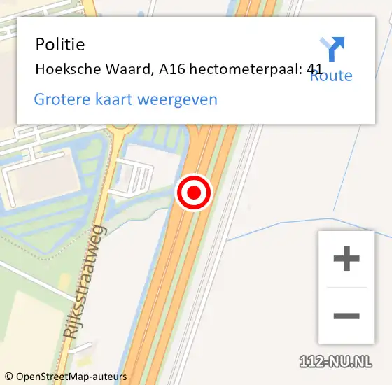 Locatie op kaart van de 112 melding: Politie Hoeksche Waard, A16 hectometerpaal: 41 op 16 december 2022 17:23