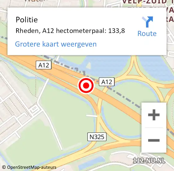 Locatie op kaart van de 112 melding: Politie Rheden, A12 hectometerpaal: 133,8 op 16 december 2022 17:43