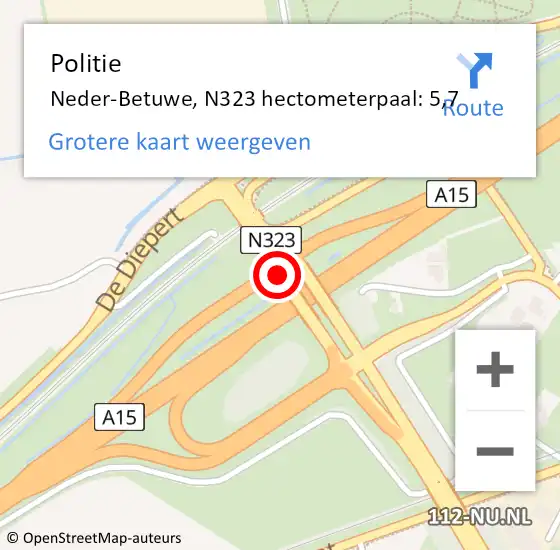 Locatie op kaart van de 112 melding: Politie Neder-Betuwe, N323 hectometerpaal: 5,7 op 16 december 2022 18:00