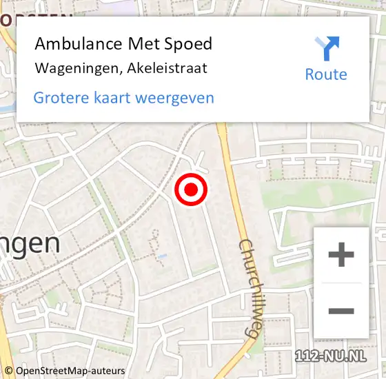 Locatie op kaart van de 112 melding: Ambulance Met Spoed Naar Wageningen, Akeleistraat op 16 december 2022 19:48