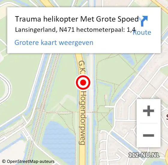 Locatie op kaart van de 112 melding: Trauma helikopter Met Grote Spoed Naar Lansingerland, N471 hectometerpaal: 1,4 op 16 december 2022 20:37