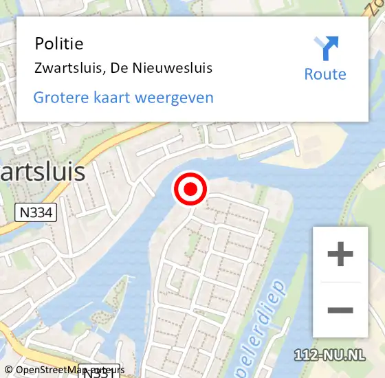 Locatie op kaart van de 112 melding: Politie Zwartsluis, De Nieuwesluis op 16 december 2022 21:01