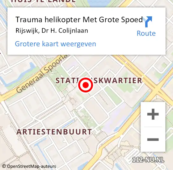 Locatie op kaart van de 112 melding: Trauma helikopter Met Grote Spoed Naar Rijswijk, Dr H. Colijnlaan op 16 december 2022 21:05