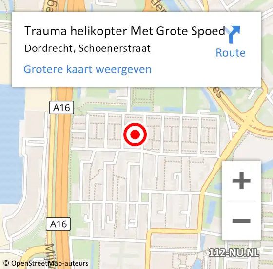 Locatie op kaart van de 112 melding: Trauma helikopter Met Grote Spoed Naar Dordrecht, Schoenerstraat op 16 december 2022 22:37