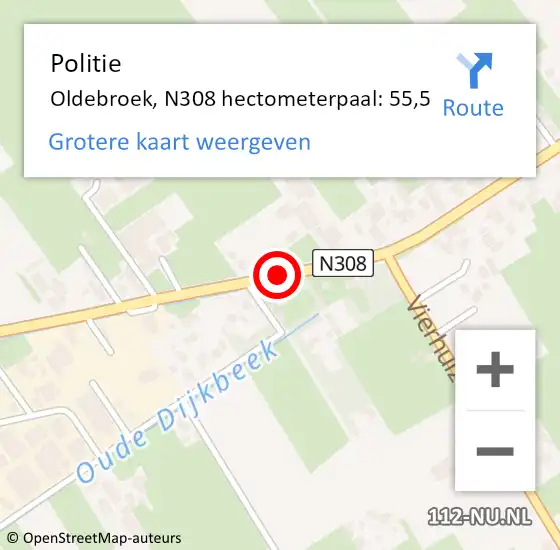 Locatie op kaart van de 112 melding: Politie Oldebroek, N308 hectometerpaal: 55,5 op 17 december 2022 02:57