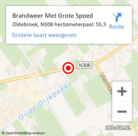 Locatie op kaart van de 112 melding: Brandweer Met Grote Spoed Naar Oldebroek, N308 hectometerpaal: 55,5 op 17 december 2022 02:57