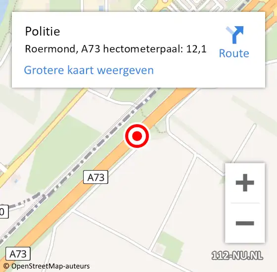 Locatie op kaart van de 112 melding: Politie Maasgouw, A73 hectometerpaal: 12,1 op 17 december 2022 04:55