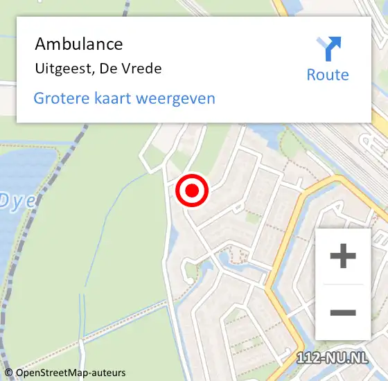 Locatie op kaart van de 112 melding: Ambulance Uitgeest, De Vrede op 17 december 2022 06:29