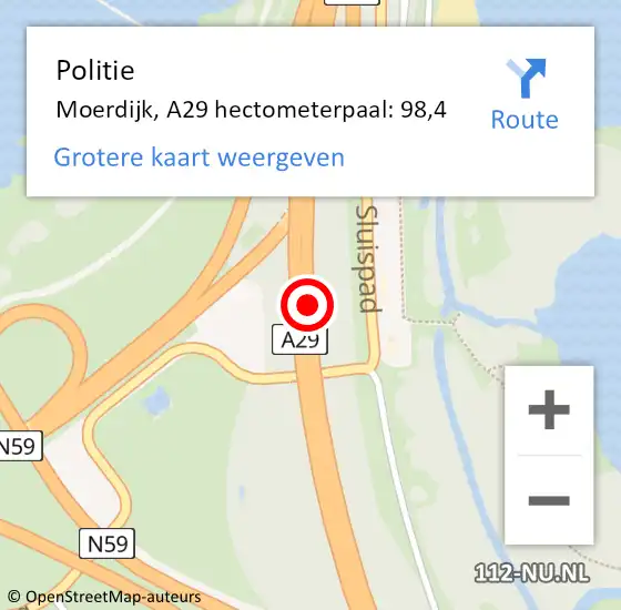 Locatie op kaart van de 112 melding: Politie Moerdijk, A29 hectometerpaal: 98,4 op 17 december 2022 10:44