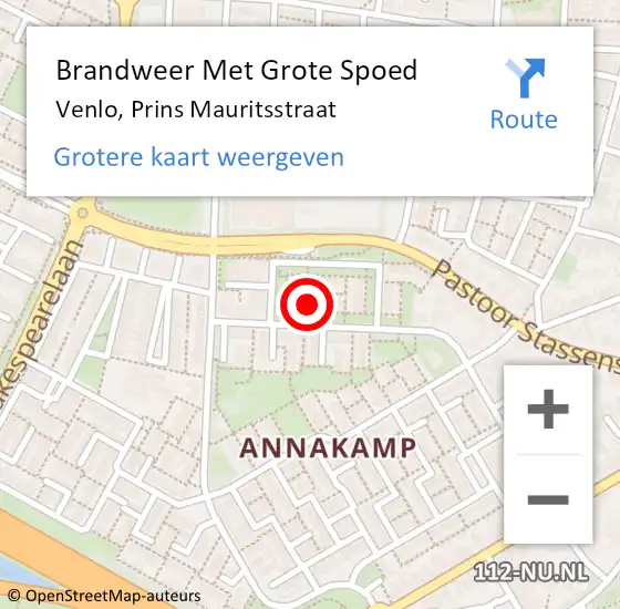 Locatie op kaart van de 112 melding: Brandweer Met Grote Spoed Naar Venlo, Prins Mauritsstraat op 17 december 2022 14:04