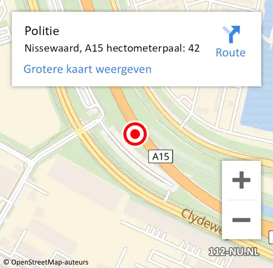 Locatie op kaart van de 112 melding: Politie Nissewaard, A15 hectometerpaal: 42 op 17 december 2022 17:15