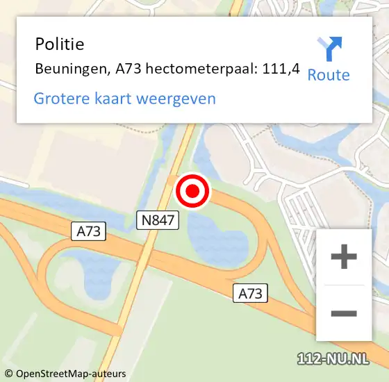 Locatie op kaart van de 112 melding: Politie Beuningen, A73 hectometerpaal: 111,4 op 17 december 2022 17:50