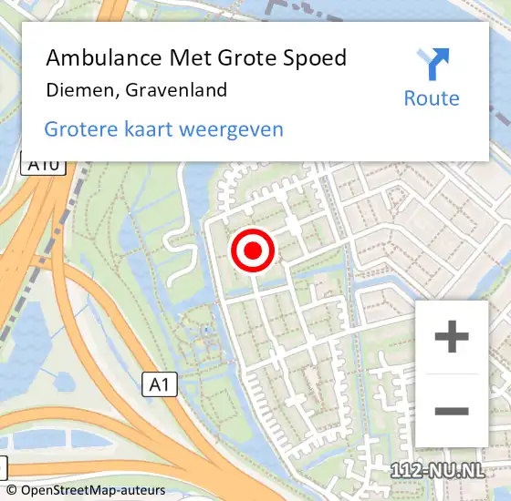 Locatie op kaart van de 112 melding: Ambulance Met Grote Spoed Naar Diemen, Gravenland op 17 december 2022 18:44