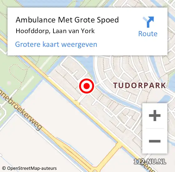 Locatie op kaart van de 112 melding: Ambulance Met Grote Spoed Naar Hoofddorp, Laan van York op 17 december 2022 20:26