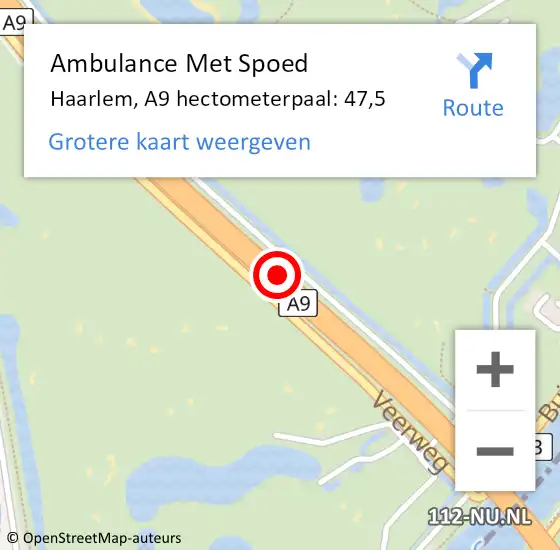 Locatie op kaart van de 112 melding: Ambulance Met Spoed Naar Haarlem, A9 hectometerpaal: 47,5 op 18 december 2022 04:14