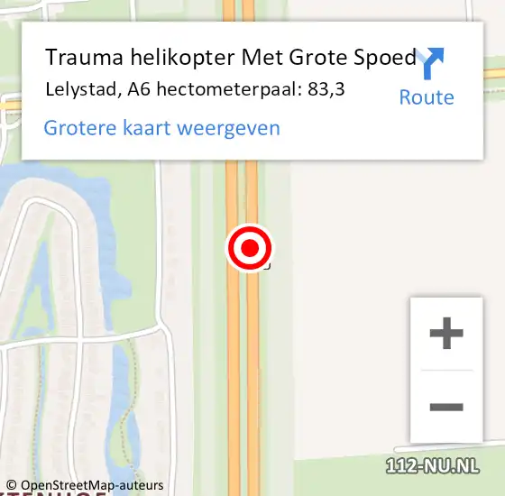 Locatie op kaart van de 112 melding: Trauma helikopter Met Grote Spoed Naar Lelystad, A6 hectometerpaal: 83,3 op 18 december 2022 08:02