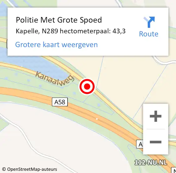 Locatie op kaart van de 112 melding: Politie Met Grote Spoed Naar Kapelle, N289 hectometerpaal: 43,3 op 18 december 2022 10:09