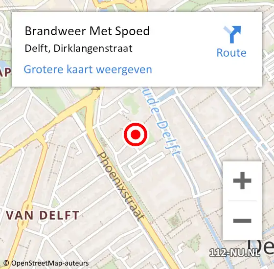 Locatie op kaart van de 112 melding: Brandweer Met Spoed Naar Delft, Dirklangenstraat op 18 december 2022 10:15