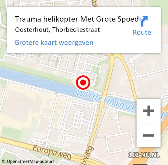 Locatie op kaart van de 112 melding: Trauma helikopter Met Grote Spoed Naar Oosterhout, Thorbeckestraat op 18 december 2022 13:52