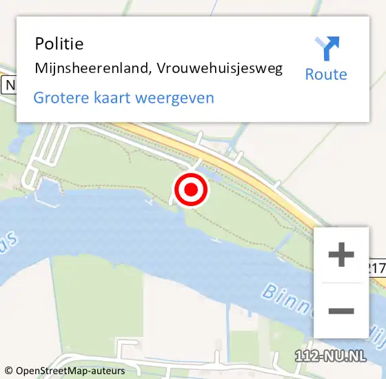 Locatie op kaart van de 112 melding: Politie Mijnsheerenland, Vrouwehuisjesweg op 18 december 2022 14:08