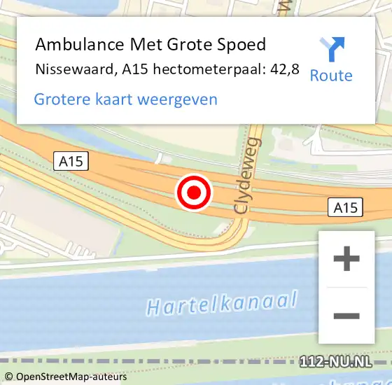 Locatie op kaart van de 112 melding: Ambulance Met Grote Spoed Naar Nissewaard, A15 hectometerpaal: 42,8 op 18 december 2022 19:33