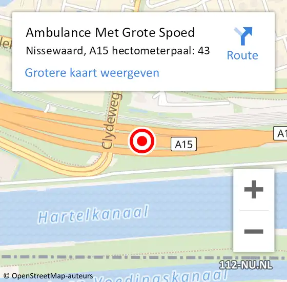 Locatie op kaart van de 112 melding: Ambulance Met Grote Spoed Naar Nissewaard, A15 hectometerpaal: 43 op 18 december 2022 19:35